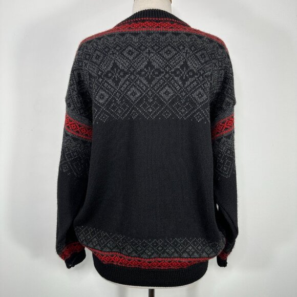 NORLENDER Knitwear Black Red Wool Knit Fair Isle Button Cardigan Sweater Size L - Picture 7 of 11